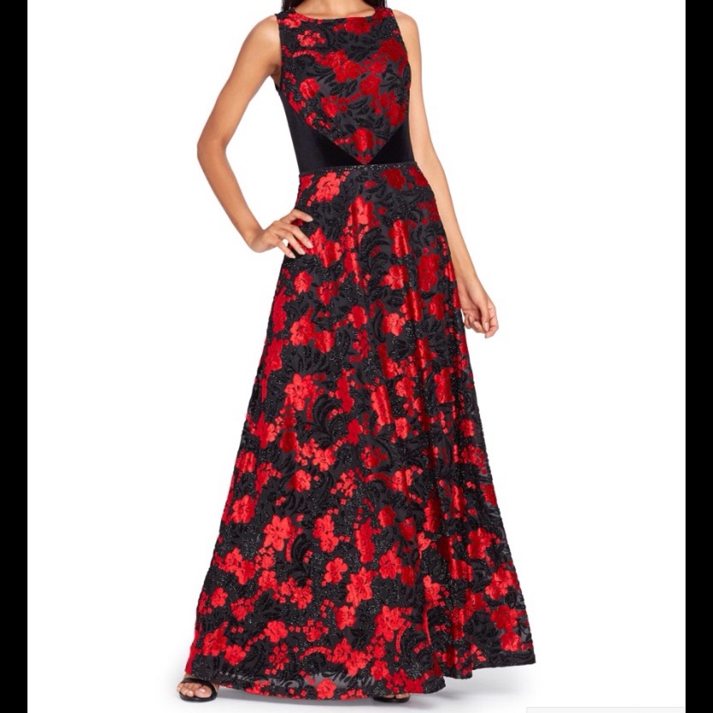 TAHARI ASL Black/Claret Velvet Burnout Gown